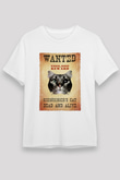 Schrödinger'in Kedisi Wanted Baskılı Unisex Beyaz Tişört - Tshirt