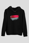 Singapur - Singapore Bayrağı Baskılı Unisex Siyah Kapüşonlu Sweatshirt