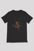 Sinir Hücresi Renkli Baskılı Unisex V Yaka Siyah Tİşört - Tshirt
