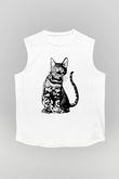 Siyah Kedi Baskılı Unisex Beyaz  Kolsuz Tişört
