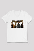 Skillet Baskılı Beyaz Unisex V Yaka Tişört - Tshirt
