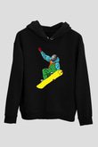 Snowboarding Baskılı Unisex Siyah Kapüşonlu Sweatshirt
