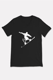 Snowboarding Baskılı Unisex Siyah V Yaka Tişört