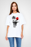 Sörf Baskılı Unisex Beyaz Oversize Tişört - Tshirt