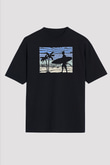 Sörf - Surfing Baskılı Unisex Siyah Oversize Tişört