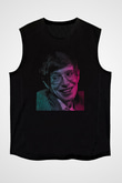 Stephen Hawking Renkli Portre Baskılı Unisex Kolsuz Siyah Tişört - Tshirt