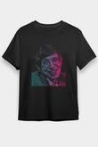 Stephen Hawking Renkli Portre Baskılı Unisex Siyah Tişört - Tshirt