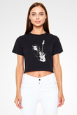 Steve Vai Baskılı Siyah Crop Top Kadın Tişört - Tshirt