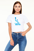 Su Topu Baskılı Crop Top Beyaz Tişört - T-shirt