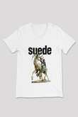 Suede Baskılı Beyaz Unisex V Yaka Tişört - Tshirt