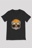Summer Cat Baskılı Unisex Siyah  V Yaka Tişört