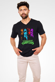 Teenage Mutant Ninja Turtles Ninja Kaplumbağalar Siyah Unisex  V Yaka Tişört