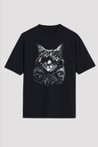 Tek Gözlü Kedi Baskılı Unisex Siyah Tişört