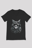 Tek Gözlü Kedi Baskılı Unisex Siyah  V Yaka Tişört