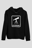 Teleskop Baskılı Unisex Siyah Kapüşonlu Sweatshirt