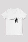 Teracious D Baskılı Beyaz Unisex V Yaka Tişört - Tshirt
