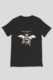 Teracious D Baskılı Unisex Siyah V Yaka Tişört - Tshirt