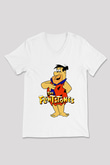 The Flintstones Taş Devri Beyaz Unisex  V Yaka Tişört