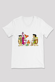 The Flintstones Taş Devri Beyaz Unisex V Yaka Tişört
