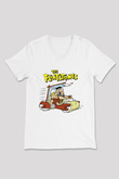 The Flintstones Taş Devri Beyaz Unisex V Yaka Tişört
