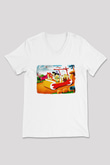 The Flintstones Taş Devri Beyaz Unisex V Yaka Tişört