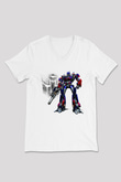 Transformers Tv Beyaz Unisex V Yaka Tişört T-Shirt