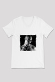 Tupac Baskılı Beyaz V Yaka Unisex Tişört
