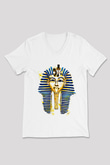 Tutankhamun Baskılı Beyaz Unisex V Yaka Tişört - Tshirt