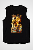 Tutankhamun Baskılı Unisex Siyah Kolsuz Tişört - Tshirt