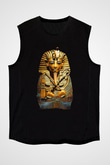 Tutankhamun Baskılı Unisex Siyah Kolsuz Tişört - Tshirt