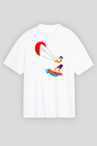 Uçurtma Kayağı Baskılı Unisex Beyaz Oversize Tişört - Tshirt