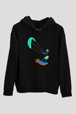 Uçurtma Kayağı - Kite Board Baskılı Unisex Siyah Kapüşonlu Sweatshirt