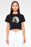 Uluyan Kurt Baskılı  Siyah  Crop Top Tişört