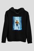 Unisex Aquaman Baskılı Siyah Kapüşonlu Sweatshirt