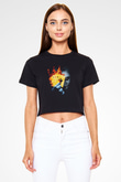 Unisex Burning Poker Joker Baskılı Siyah Crop Top T-shirt