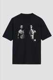 Unisex Büyük Dövüş (Warrior) Baskılı Siyah Oversize Tshirt