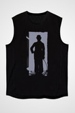 Unisex Charlie Chaplin Baskılı Siyah Kolsuz T-shirt