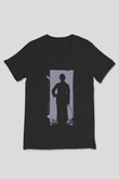 Unisex Charlie Chaplin Baskılı Siyah V Yaka T-shirt