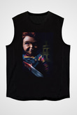 Unisex Chucky (Child's Play) Baskılı Siyah Kolsuz Tshirt