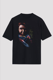 Unisex Chucky (Child's Play) Baskılı Siyah Oversize Tshirt