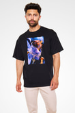Unisex E.T. (E.T. the Extra-Terrestrial) Baskılı Siyah Oversize Tshirt