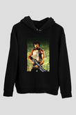 Unisex First Blood Baskılı Siyah Kapüşonlu Sweatshirt