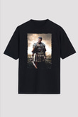 Unisex Gladyatör Baskılı Siyah Oversize T-shirt