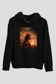 Unisex Godzilla Baskılı Siyah Kapüşonlu Sweatshirt