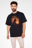 Unisex Godzilla Baskılı Siyah Oversize Tshirt