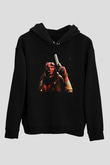 Unisex Hellboy Baskılı Siyah Kapüşonlu Sweatshirt