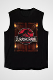 Unisex Jurassic Park Baskılı Siyah Kolsuz T-shirt