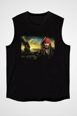 Unisex Karayip Korsanları Gizemli Denizlerde (Pirates of the Caribbean On Stranger Tides) Baskılı Siyah Kolsuz Tişört