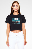 Unisex Lost Baskılı Siyah Crop Top Tshirt