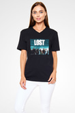 Unisex Lost Baskılı Siyah V Yaka Tshirt